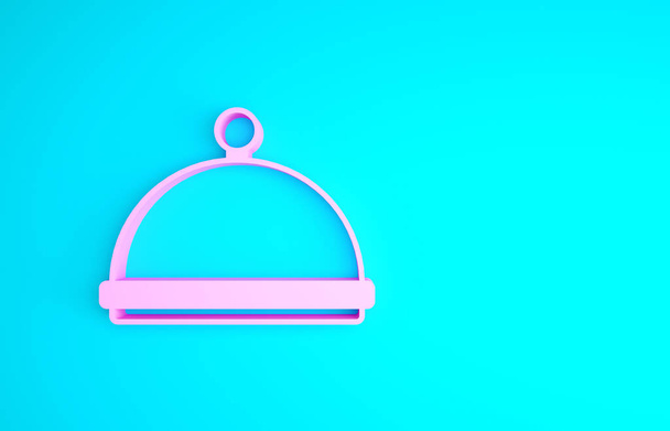 Rosa Coperto con un vassoio di icona del cibo isolato su sfondo blu. Segnale vassoio e coperchio. Cloche ristorante con coperchio. Simbolo utensili da cucina. Concetto minimalista. Illustrazione 3d rendering 3D - Foto, immagini
