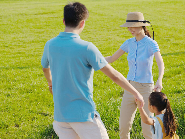 Счастливая семья из четырех человек играет в парке - Фото, изображение