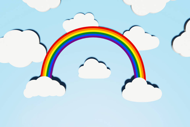 Koncepcja dumy LGBT. Abstrakcyjne tło z tęczą LGBT i różnym kształtem białe płaskie chmury z cieniami nad błękitnym niebem. Kreatywny układ. Przestrzeń kopiowania, renderowanie 3d - Zdjęcie, obraz