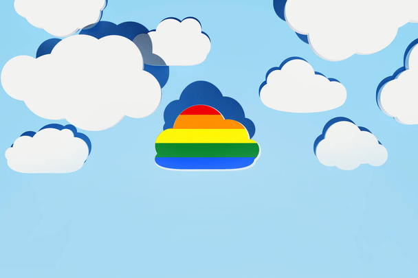 LGBT Pride concept. Abstract background with LGBT rainbow cloud and different shape white flat clouds with shadows over blue sky. Creative layout. Copy space, 3d render - Zdjęcie, obraz