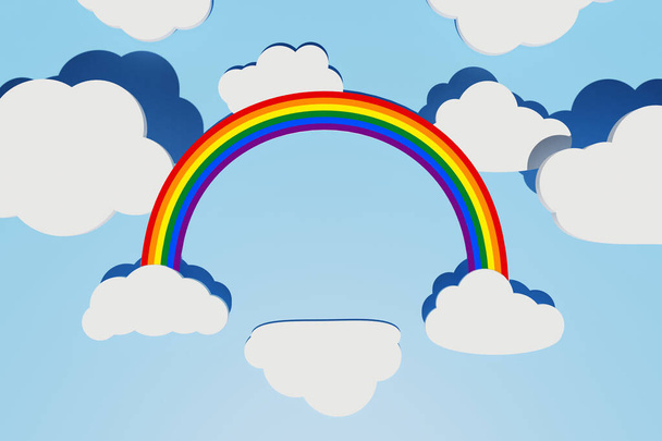 LGBT Pride concept. Abstract background with LGBT rainbow, cloud as podium and different shape white flat clouds with shadows over blue sky. Creative layout. Copy space, 3d render - Zdjęcie, obraz