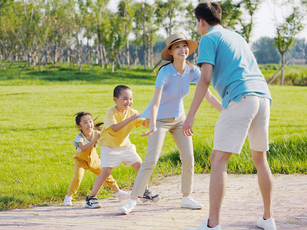 Happy family of four playing games in the park - Photo, image