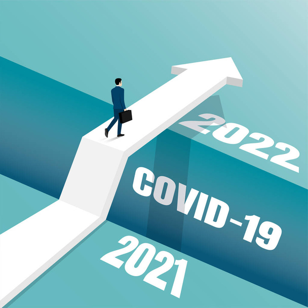 Business opportunity and decision concept. Business people going over the old year cliff to the new year. Virus covid-19. Symbol of Objectives. Goals, Challenges, Illustrations vector flat. Eps10 - Wektor, obraz