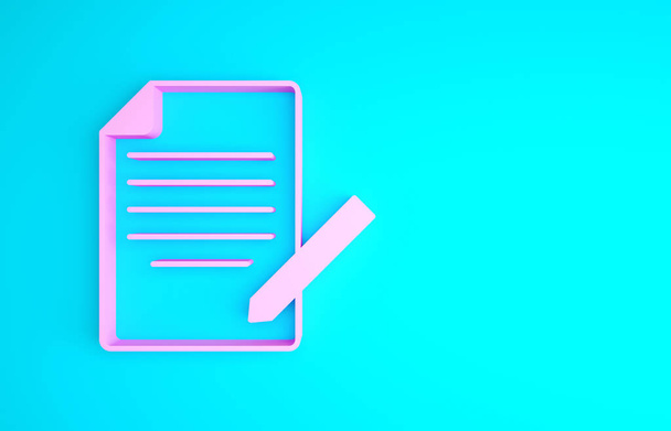 Рожевий документ і піктограма ручки ізольовані на синьому фоні. Піктограма файла. Піктограма контрольного списку. Бізнес-концепція. Концепція мінімалізму. 3D ілюстрація 3D рендеринга
 - Фото, зображення
