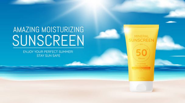 Protection cosmetic products design,sunscreen and sunbath cosmetic products design face and body lotion,moisturizer cream, liquid. drawn elements in pastel color - Vector, Image