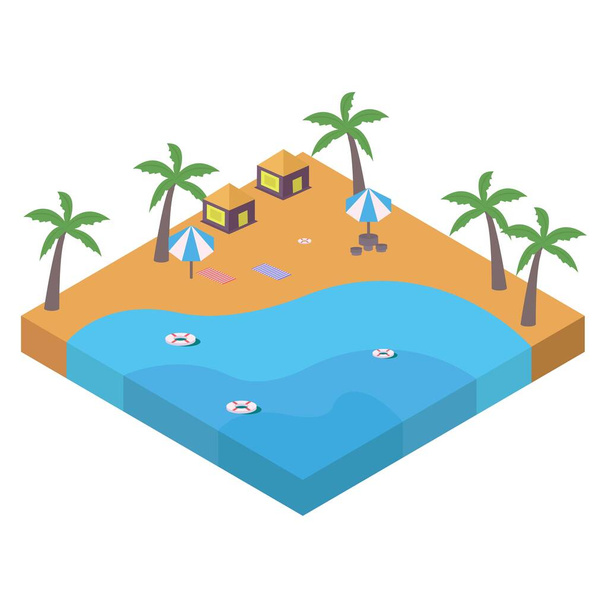 2.5D projeto vetorial de praia arenosa com o conceito de coqueiro e resort, vetor de praia arenosa com paisagem em forma de 2.5D, praia com um coqueiro no verão. - Vetor, Imagem