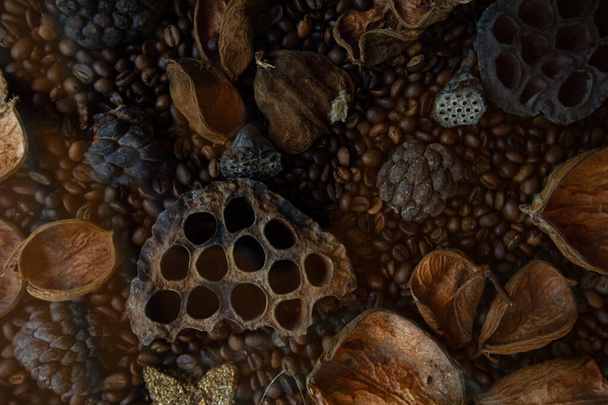 Dried fruits, coffee beans textured patterned background - Fotoğraf, Görsel