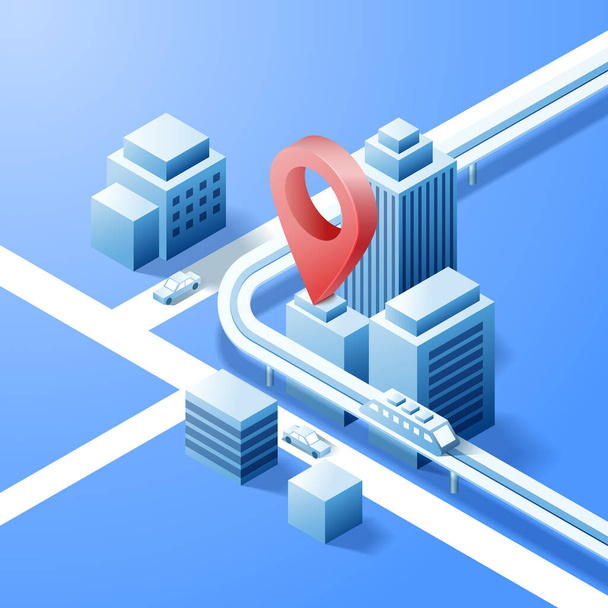 Navigator 3D isometric pin location checking on cityscape map background. Locator position point. Vector art illustration - Διάνυσμα, εικόνα