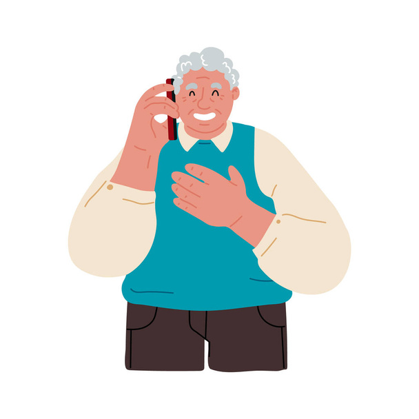 Onnellinen isoisä lasit puhuu matkapuhelimella, valkoinen tausta. Vektori tasainen kuva - Vektori, kuva