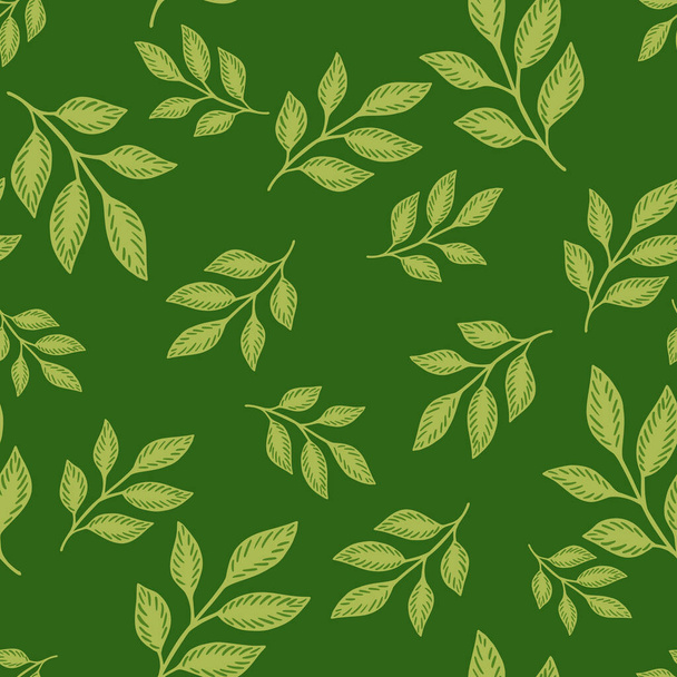 Herbal abstract seamless pattern with random leaf branches shapes. Green background. Foliage ornament. Flat vector print for textile, fabric, giftwrap, wallpapers. Endless illustration. - Vector, Imagen