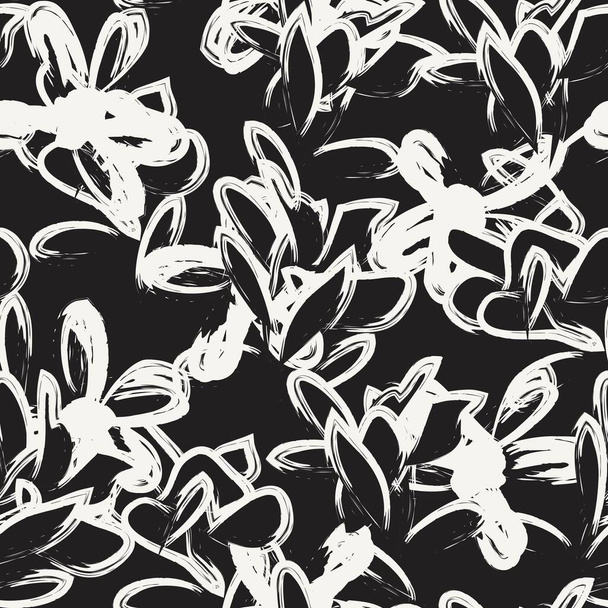 Black and White Floral brush strokes seamless pattern background for fashion prints, graphics, backgrounds and crafts - Vector, Imagen