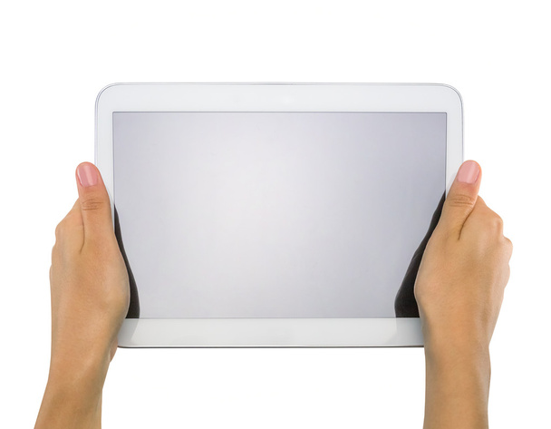 Female teen hands holding generic tablet pc, isolated - Fotó, kép