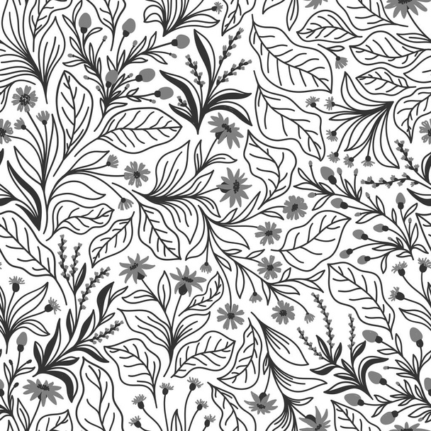 Seamless pattern with different wildflowers and leaves on a white background in vector - Vektor, kép
