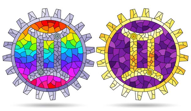 Illustration in the style of a stained glass window with a set of zodiac signs gemini, figures isolated on a white background - Vector, Image