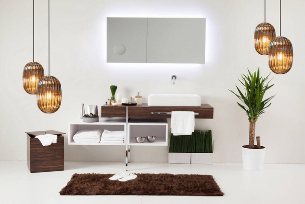 style de salle de bain propre et design décoratif intérieur, armoires en bois - Photo, image