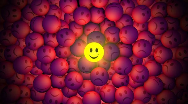 3D рендеринг один веселый светящийся смайлик среди многих грустных улыбок близко - Фото, изображение