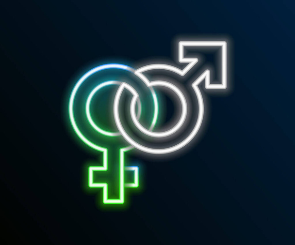 Светящаяся неоновая линия Гендерная икона выделена на черном фоне. Символы мужчин и женщин. Секс-символ. Красочная концепция контура. Вектор - Вектор,изображение