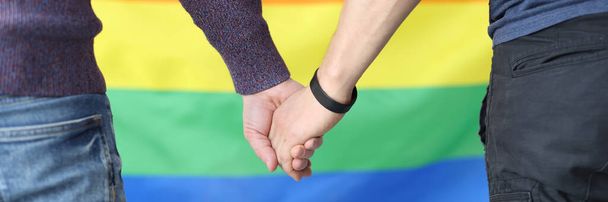 Young men holding hands with lgbt flag background closeup - Photo, Image