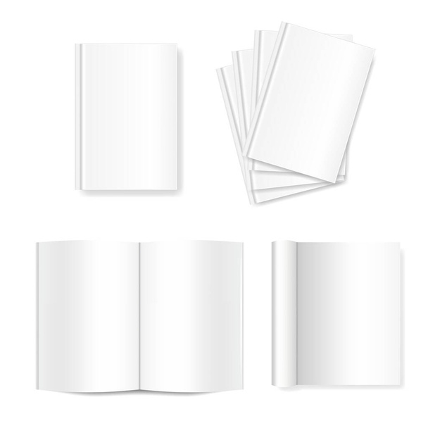 Vector mock up of white blank books. Cover isolated on white background. Realistic closed and open book, magazine or notebook template for your design. In front side of book. - Vektor, Bild