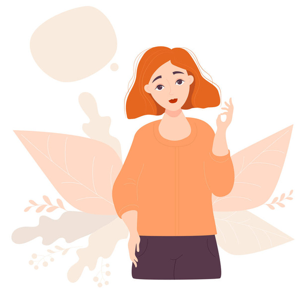 Beautiful red-haired girl with hairstyle hand gesture all right on the background of tropical leaves. Above it is block bubble for writing text. Vector illustration - Vector, Image