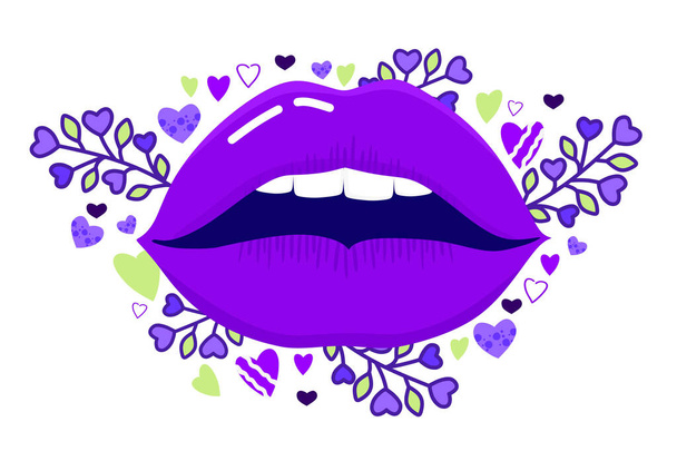 Illustration of lips of hearts and twigs in purple shades on a white background. World Kissing Day. A poster, a poster for a website, an app. - Вектор, зображення