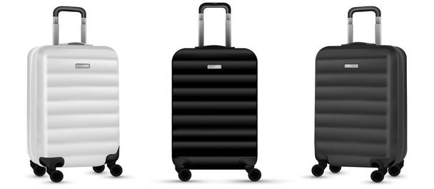 Bagages isolés. Ensemble de valise de voyage en plastique argenté ou sac de vacances sur fond blanc. Vacances d'été et concept de publicité produit. - Vecteur, image