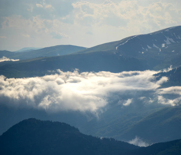 Belo panorama das montanhas dos Cárpatos no verão em neblina e neblina após a chuva - Foto, Imagem