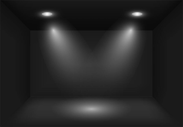 Ρεαλιστικό 3d μαύρο φως κουτί με σταυρωμένα φώτα ή προβολέα. Φωτισμός εκθετηρίου. Φωτεινό φόντο για επίδειξη, έκθεση. Στούντιο εσωτερικό κενό και κενό πρότυπο. - Διάνυσμα, εικόνα