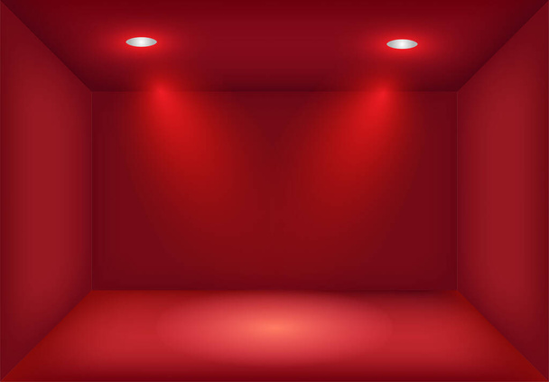 Realista caja de luz roja 3d con focos cruzados o proyector. Iluminación de la sala de exposición. Fondo Lightbox para espectáculo, exposición. Estudio interior en blanco y plantilla vacía. - Vector, imagen