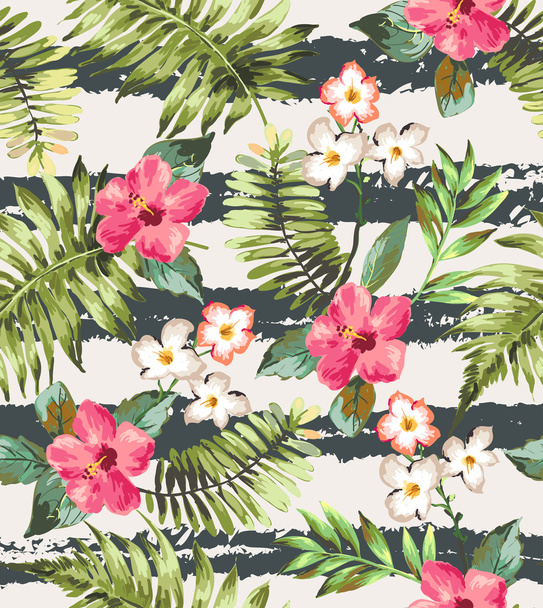 ブラシ ストライプとシームレスな熱帯の花ベクトルの背景パターン - ベクター画像