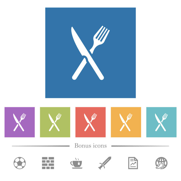 Fourchette et couteau en position croisée, icônes plates blanches sur fond carré. 6 icônes bonus incluses. - Vecteur, image