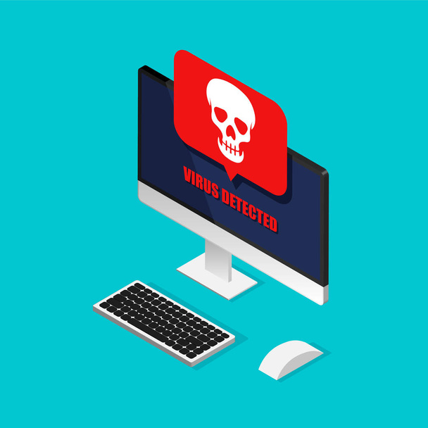 3d monitor and virus warning on it. Hacking mail or computer in a trendy isometric style. Skull icon on a display. Getting a pirated or infected letter. Isolated. - Vector, Image