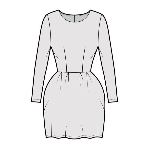 Платье колокольчик техническая мода иллюстрация с длинными рукавами, оснащенный корпус, мини длиной карандаш юбка. Плоская одежда спереди - Вектор,изображение