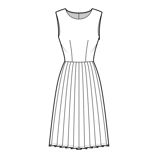 Dress pleated technical fashion illustration with sleeveless, fitted body, knee length skirt. Flat apparel front - Vector, Image
