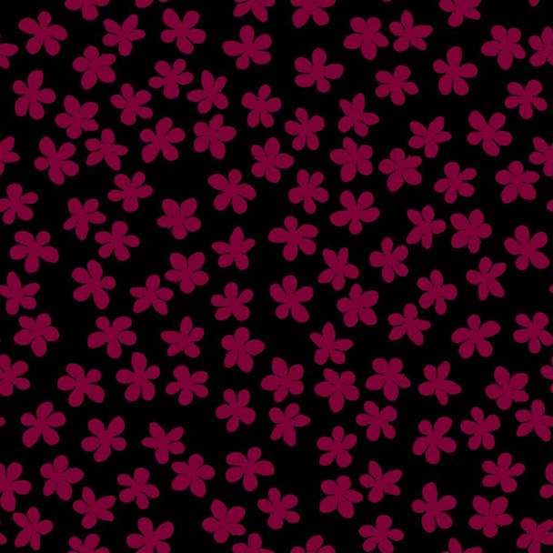 Бесшовный узор с цветущей японской вишневой сакурой для ткани, упаковки, обоев, текстильного декора, дизайна, приглашений, печати, подарочной упаковки, производства. Цветы фуксии на черном фоне - Фото, изображение