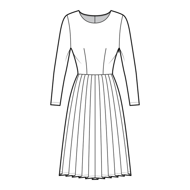 Šaty skládané technické módní ilustrace s dlouhými rukávy, montované tělo, po kolena sukně. Ploché oblečení vpředu - Vektor, obrázek