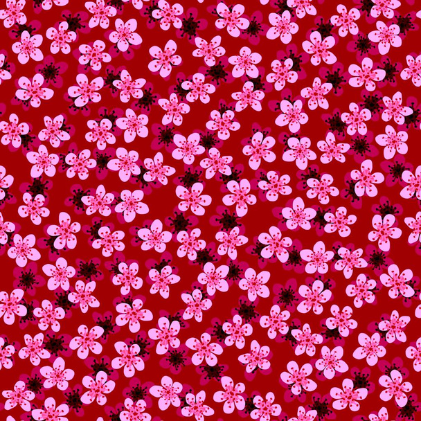 Zökkenőmentes minta virágzó japán cseresznye szakura szövet, csomagolás, tapéta, textil dekoráció, design, meghívók, nyomtatás, ajándék csomagolás, gyártás.Rózsaszín és fukszia virágok piros háttér - Fotó, kép