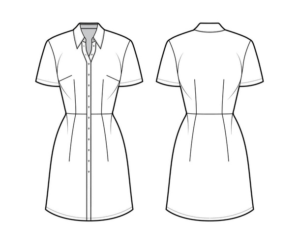 Dress shirt technical fashion illustration with short sleeves, knee length pencil skirt, classic collar, button closure - Vector, Image