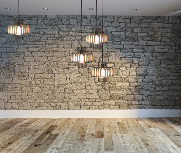 nový prázdný obývací pokoj interiér dekorace dřevěné podlahy, kamenná zeď koncept. dekorativní zázemí pro bydlení, kancelář a hotel. 3D ilustrace - Fotografie, Obrázek