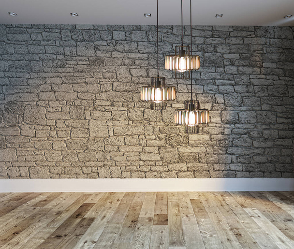 nový prázdný obývací pokoj interiér dekorace dřevěné podlahy, kamenná zeď koncept. dekorativní zázemí pro bydlení, kancelář a hotel. 3D ilustrace - Fotografie, Obrázek