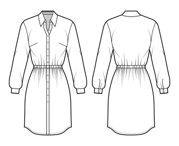 Šaty košile technické módní ilustrace s nasbíraným pasem, dlouhé rukávy, délka kolena tužka sukně, klasický límec - Vektor, obrázek