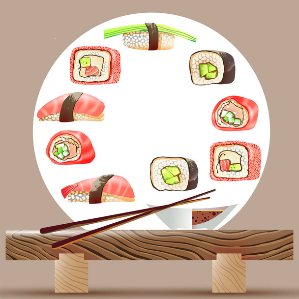 Ilustración vectorial de sushi, rollos, mesita, palitos de comida, tazón con salsa de soja - Vector, imagen