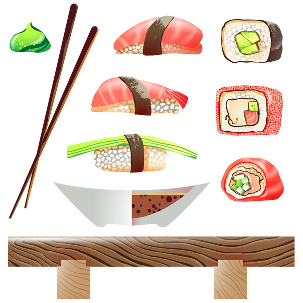 Векторная иллюстрация суши, рулонов, столика, пищевых палочек, миски с соевым соусом - Вектор,изображение