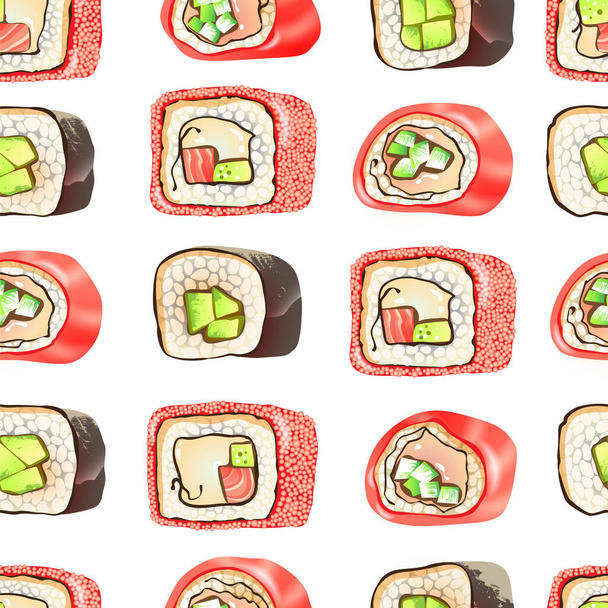 Illustrazione vettoriale di sushi - rotoli con avocado, pesce e formaggio fresco. Modello senza cuciture. - Vettoriali, immagini