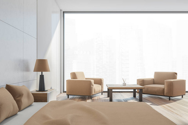 Interiér bílé ložnice s béžovou postelí a nábytkem na parketové podlaze, dvěma křesly a konferenčním stolkem. Panoramatický pohled na Singapur, 3D vykreslování - Fotografie, Obrázek