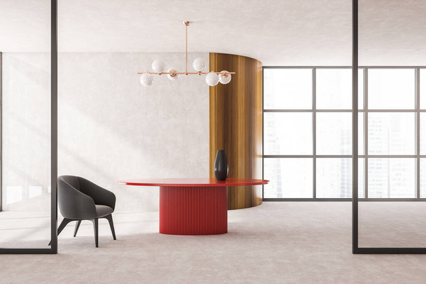 Stylish modern living room interior in skyscraper building with design armchair and red round table, cement floor. Futuristic chandelier. Wood wall, window. No people. 3d rendering - Foto, afbeelding