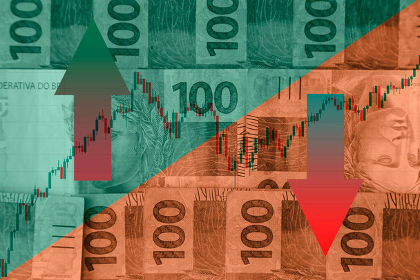 conceito de dinheiro do brasil - cor verde e amarela com gráfico de bolsa mista e notas de cem reais - Foto, Imagem