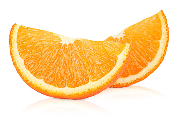 two slices of juicy orange on an isolated white background - Foto, afbeelding