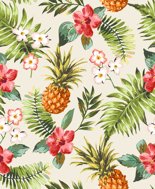 Vintage seamless tropical flowers with pineapple vector pattern background - Vector, Image