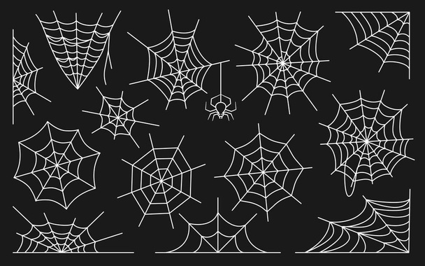 Cobweb white flat vector set with little spider - Vector, Image